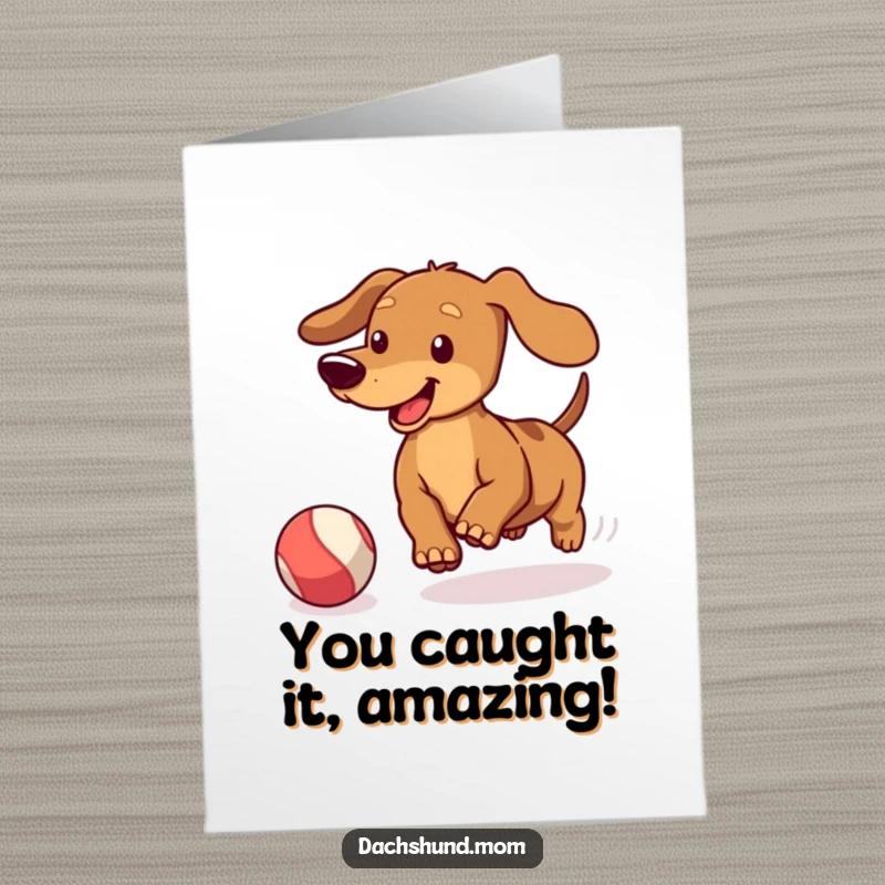Funny Free Printable Congratulations Card: Kawaii dachshund wagging its tail, joyfully chasing a bouncing ball.