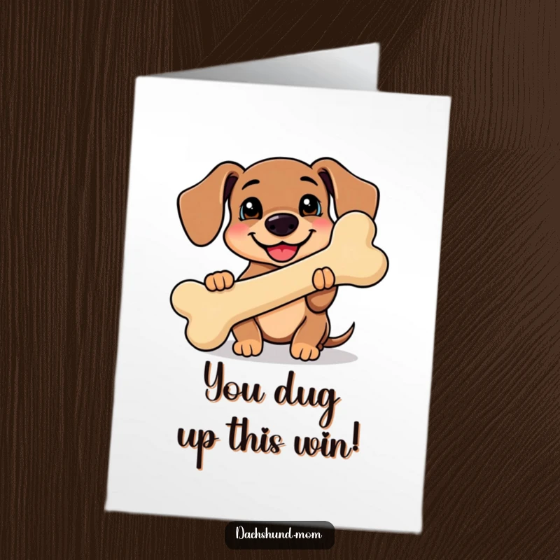 Funny Free Printable Congratulations Card: Kawaii dachshund proudly holding a giant, smiling bone, celebrating success.