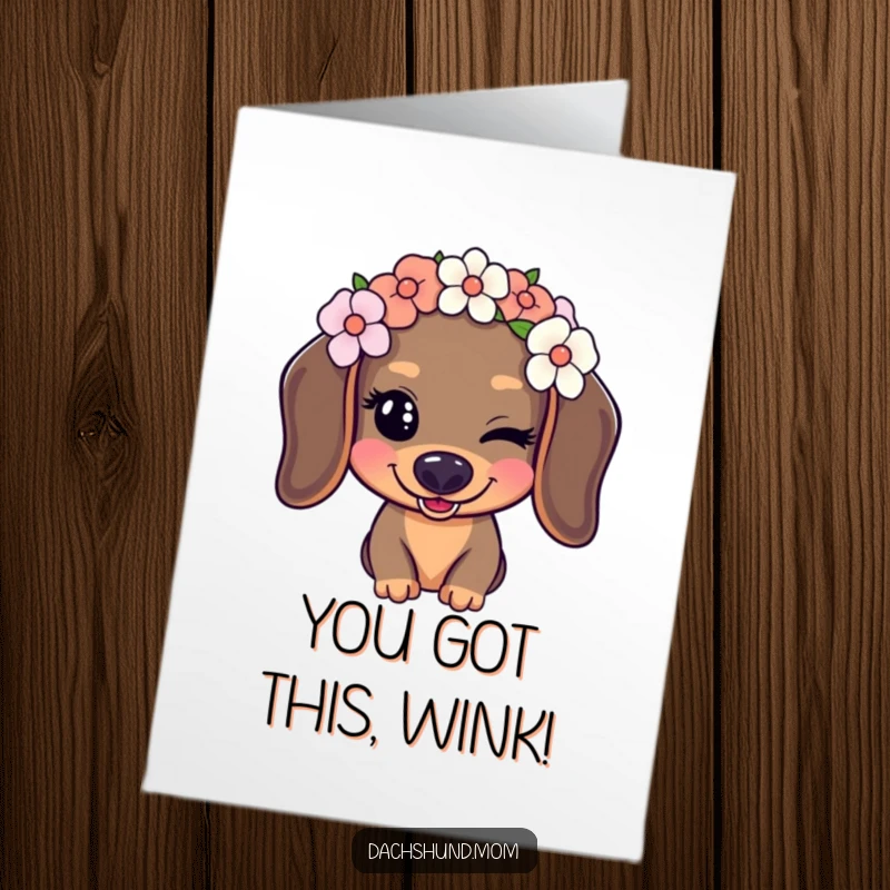 Funny Free Printable Congratulations Card: A kawaii dachshund sporting a flower crown playfully winks, a cute DIY.