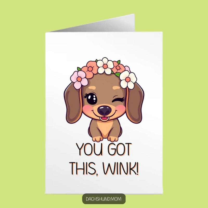 Free Printable Kawaii Dachshund Congrats Card: Flower Crown Wink Funny Downloadable Gift