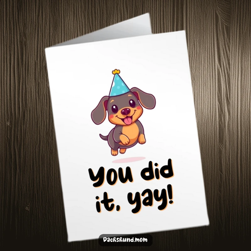 Funny Free Printable Congratulations Card: Cute Kawaii dachshund in a party hat joyfully leaping to celebrate.