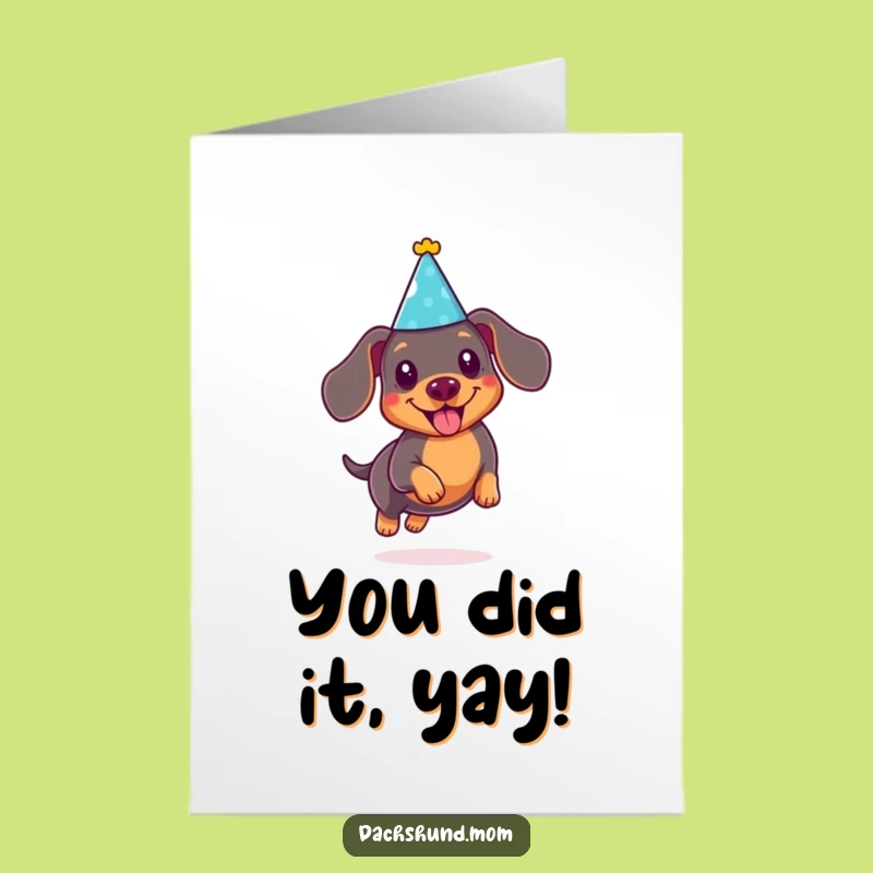 Free Printable Kawaii Dachshund Congrats Card - Leaping Pup Downloadable Gift