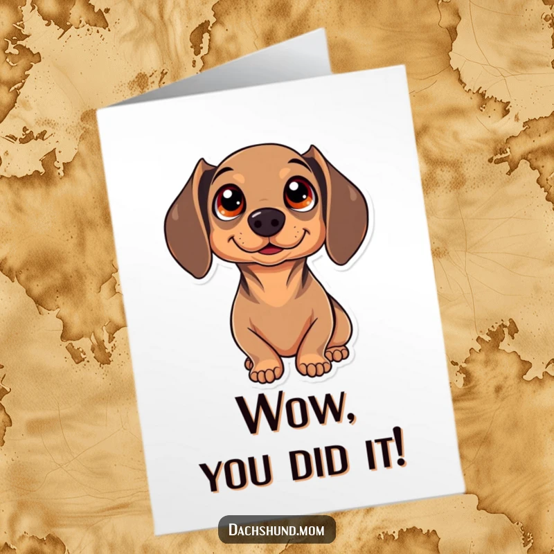 Funny Free Printable Congratulations Card: Kawaii dachshund with wide, sparkling eyes gazing upwards in sweet amazement, a cute DIY.