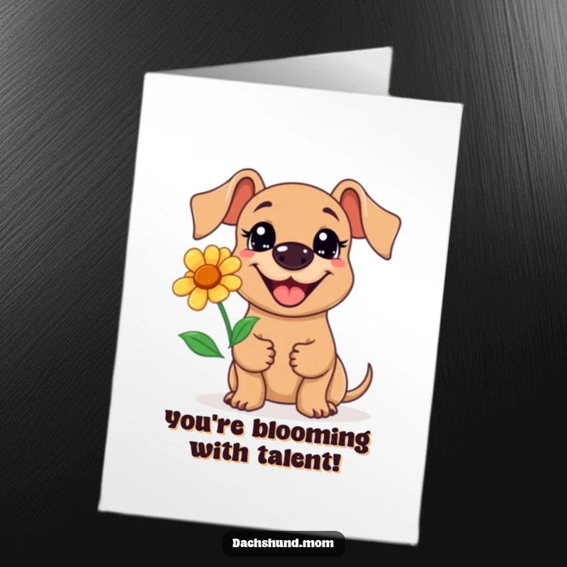 Funny Free Printable Congrats Card: Kawaii Dachshund Grinning Widely While Presenting a Flower