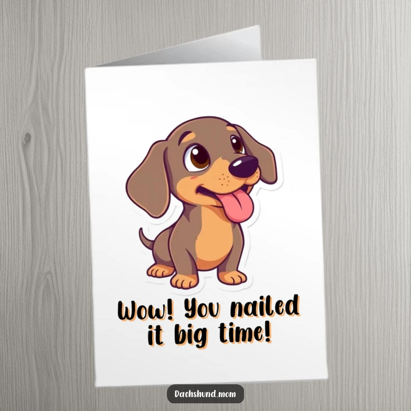 Free printable congratulations card: a surprised dachshund with its tongue lolling out, reacting to your amazing news.