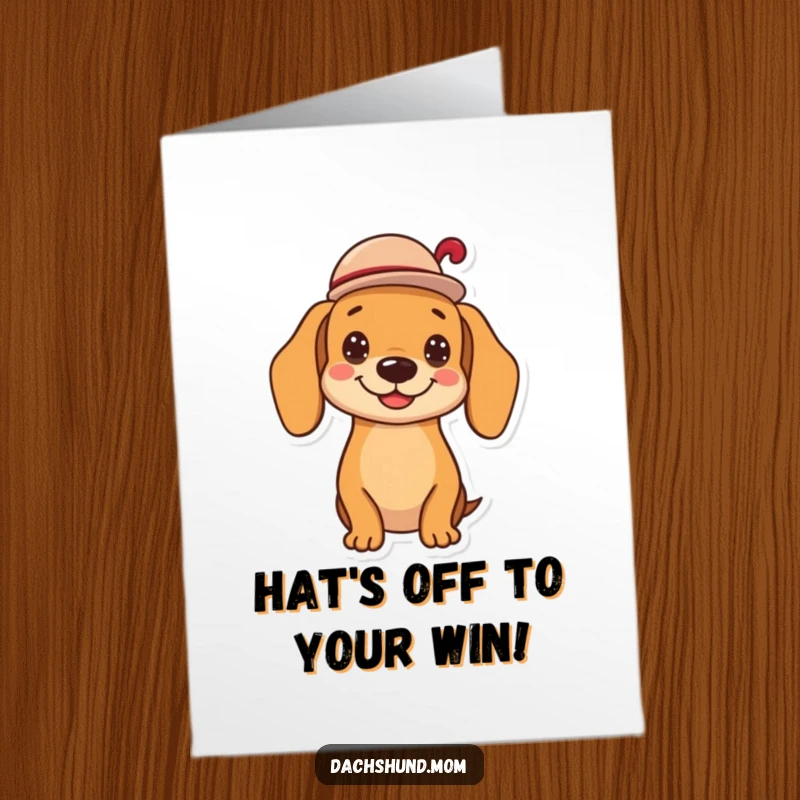 Funny Free Printable Congrats Card: Kawaii dachshund tipping a small hat with a wide, cheerful grin.