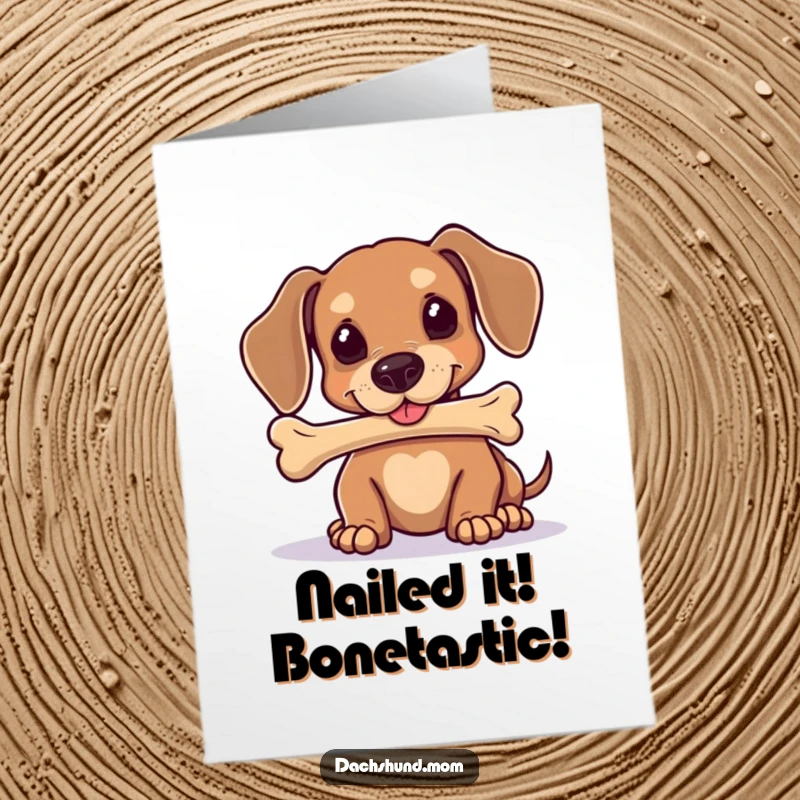 Funny Free Printable Congratulations Card: Kawaii dachshund balancing a bone on its nose, humorous achievement art.