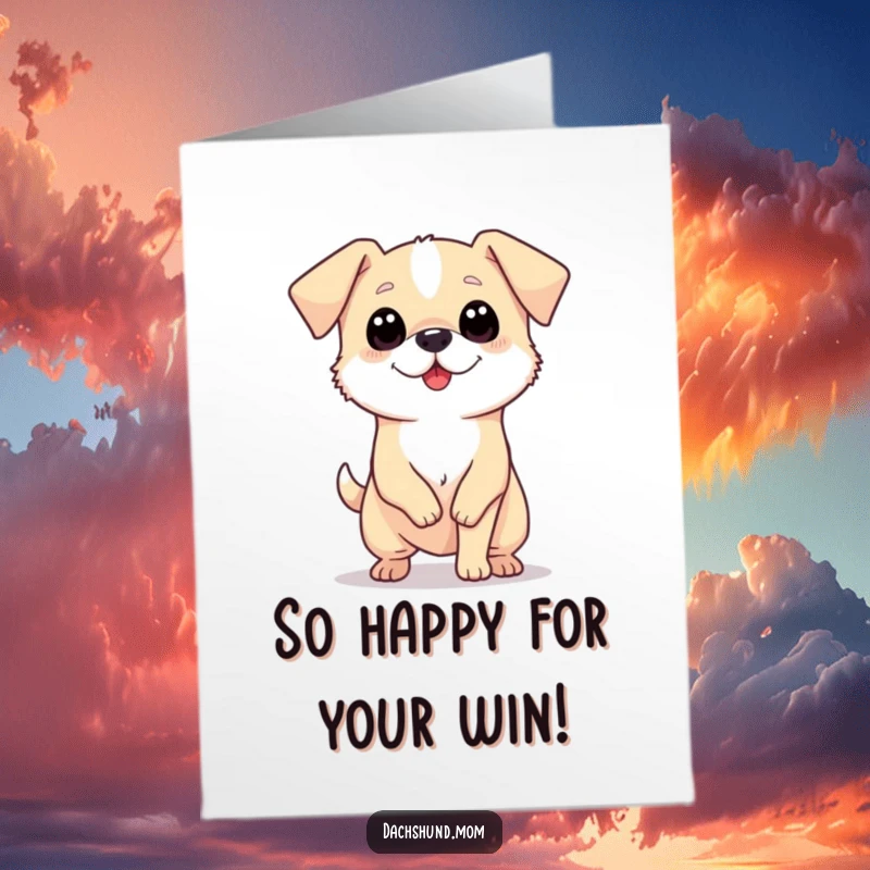 Funny Free Printable Long Dog Congratulations Card: A tiny, long dog with big eyes wiggling enthusiastically, celebrating achievements with pure delight.