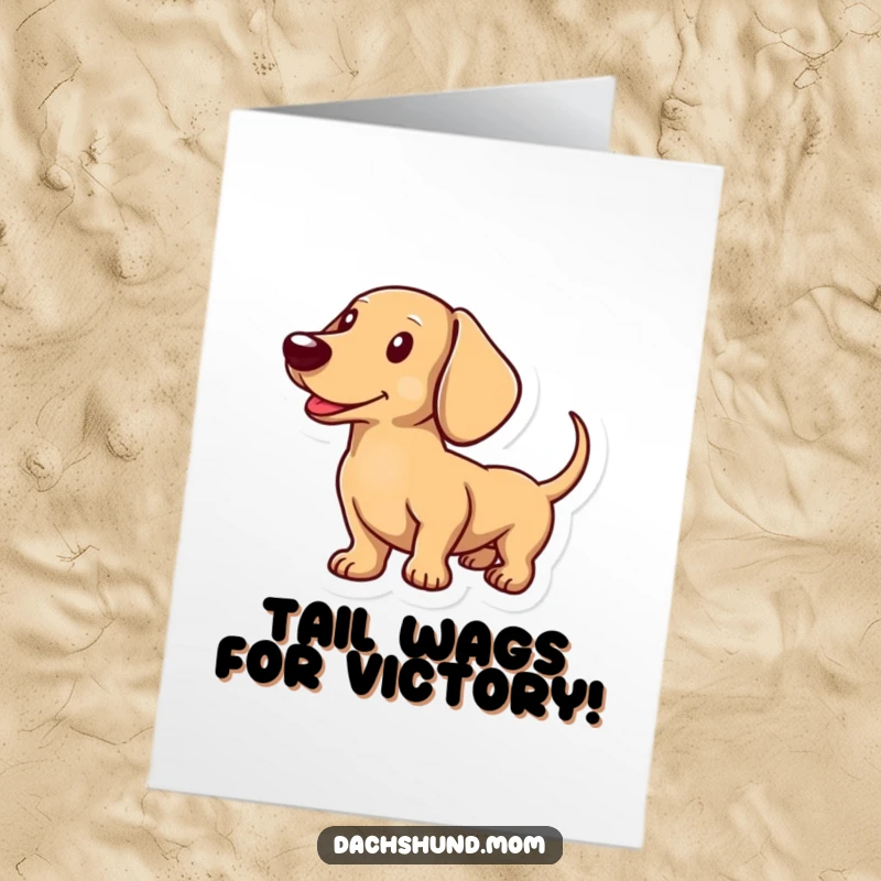 Funny free printable congratulations card showing a dachshund wagging its tail vigorously in celebration of good news.