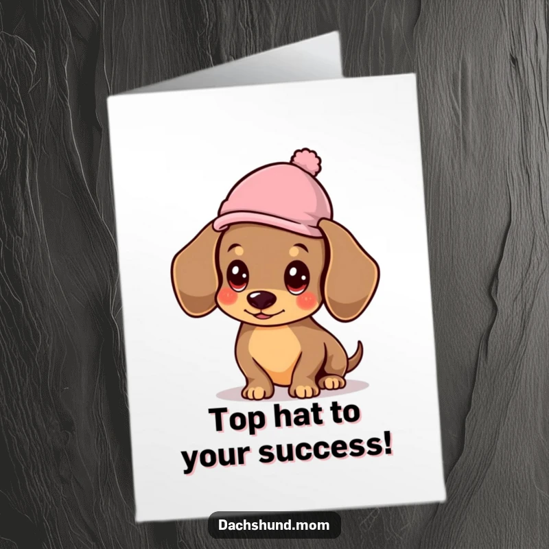 Funny Free Printable Congrats Card: A charming kawaii dachshund humorously balancing a small hat, celebrating your victory.