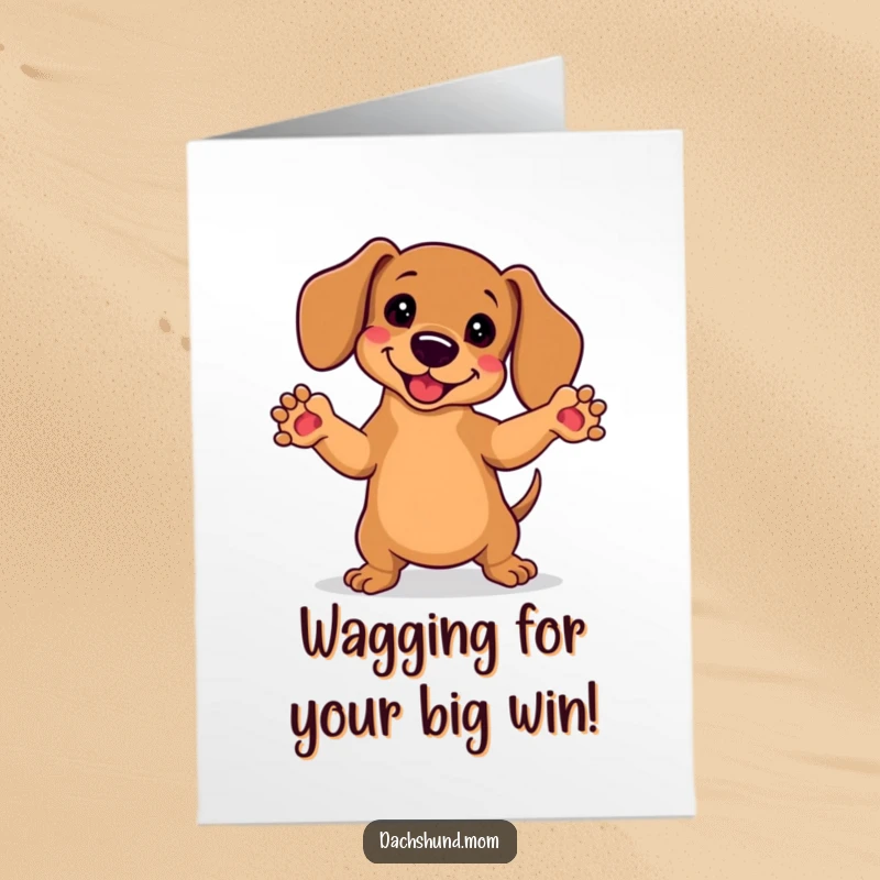 Funny Free Printable Congratulations Card: Kawaii dachshund doing a happy dance, front paws up, pure jubilation.