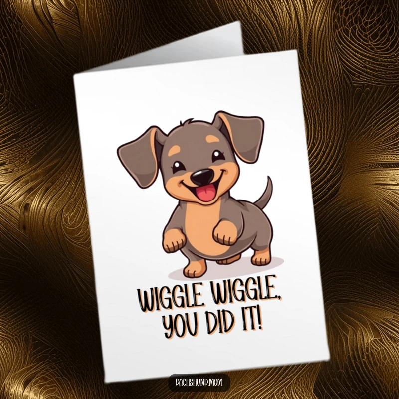 Funny Free Printable Congratulations Card showing a kawaii dachshund wiggling its stubby tail in pure celebratory delight, ideal for a print-at-home surprise.