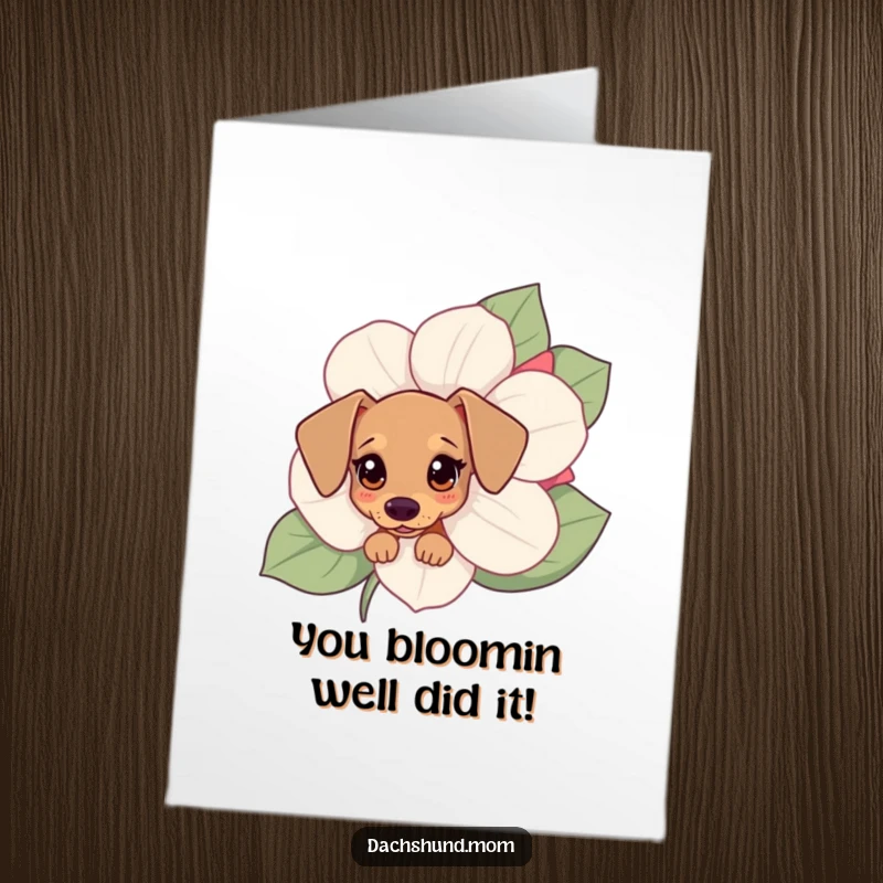Funny Free Printable Congratulations Card showing a sweet Kawaii dachshund peeking from behind a big, colorful flower, perfect for celebrating wins.