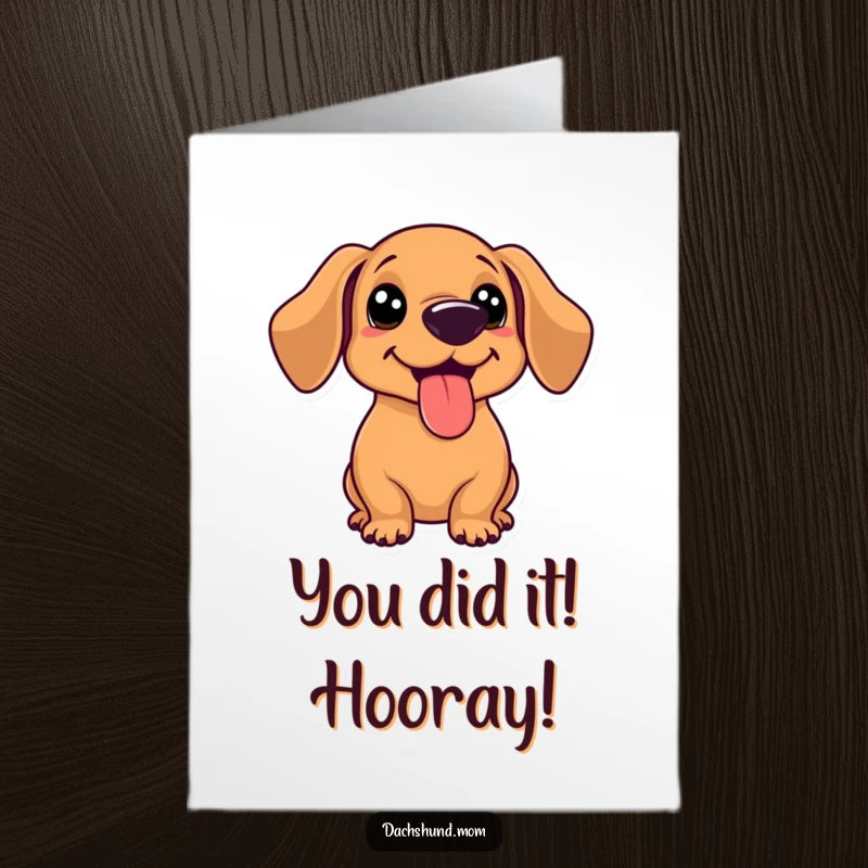 Funny Free Printable Congratulations Card: A kawaii dachshund panting happily, tongue out, celebrating a big achievement with excitement.