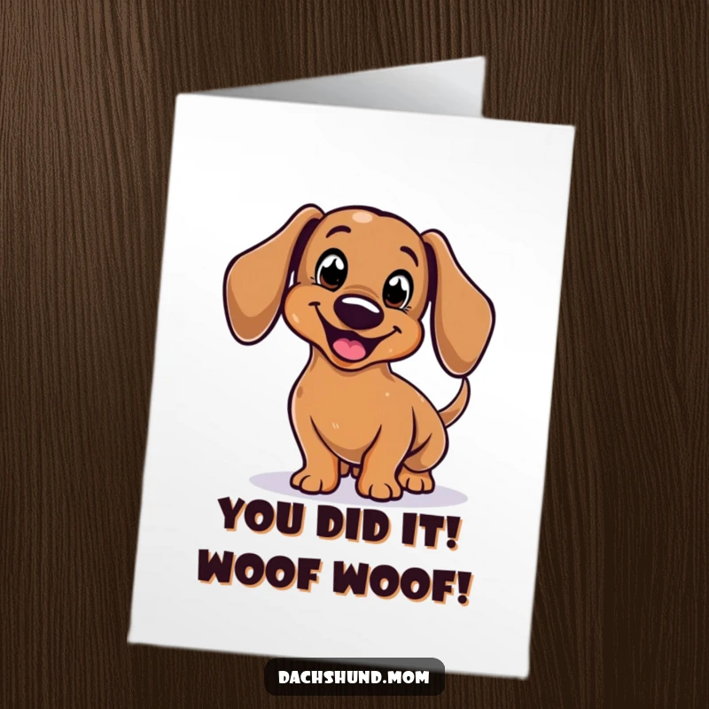 Funny Free Printable Dachshund Congratulations Card showing a stylized dog body enthusiastically wagging its tail.