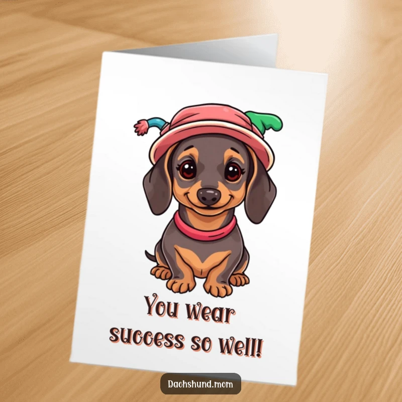 Free printable congratulations card: a dachshund joyfully wearing a stack of colorful, mismatched hats.