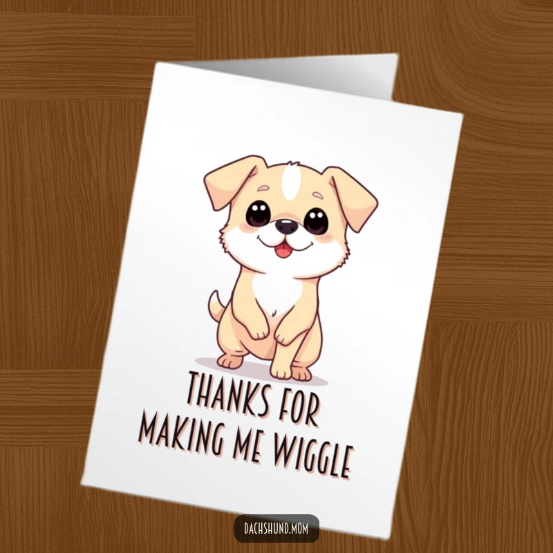 Funny Free Printable Long Dog Thank You Card: A tiny, long dog with big eyes wiggling its body enthusiastically, expressing thanks with joy.