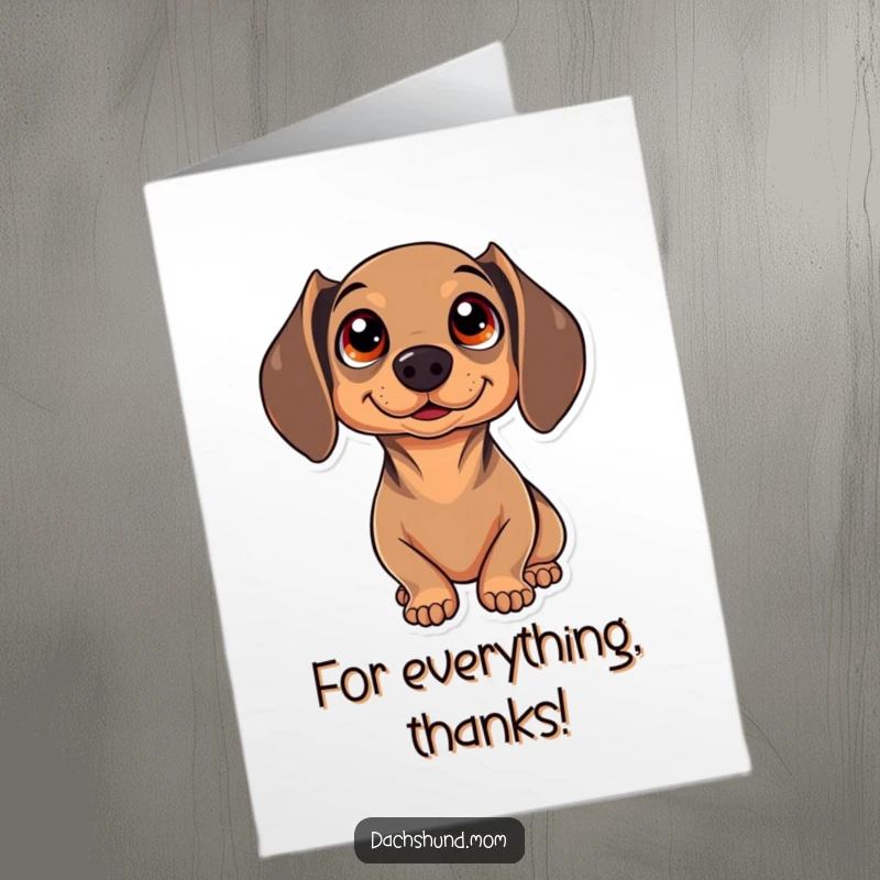 Funny Free Printable Thank You Card: A kawaii dachshund with huge, sparkling eyes looks up in wonder, perfect for a DIY gift.