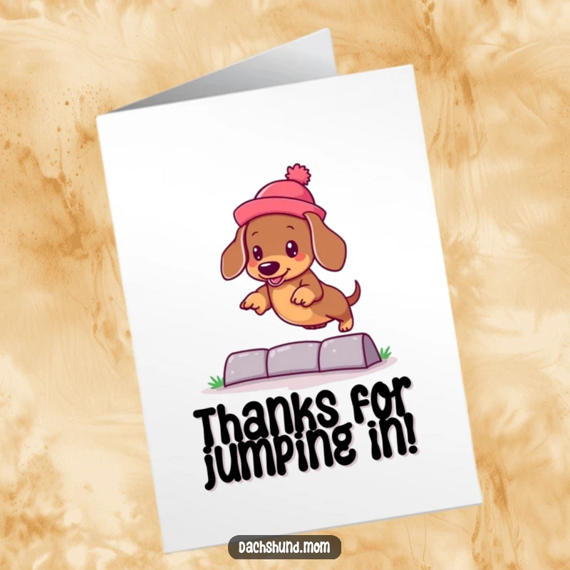 Funny Free Printable Dachshund Thank You Card: Kawaii dachshund in a silly hat, mid-jump.