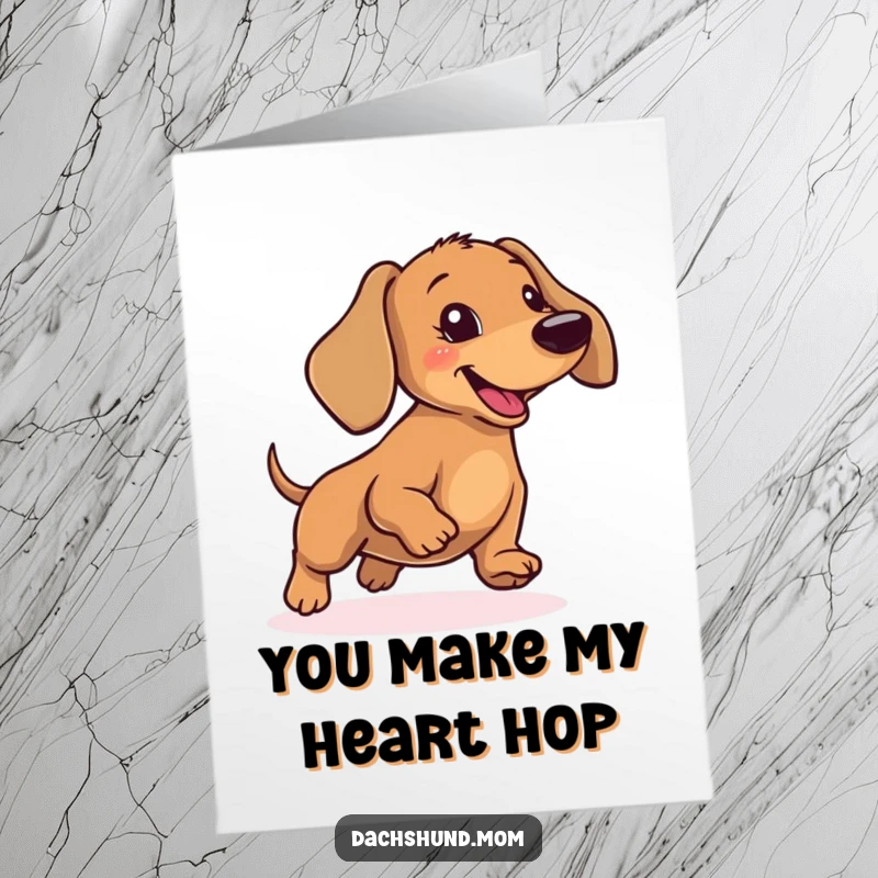 Funny free printable thank you card: a dachshund captured in a comical, happy little hop, sending thanks your way.