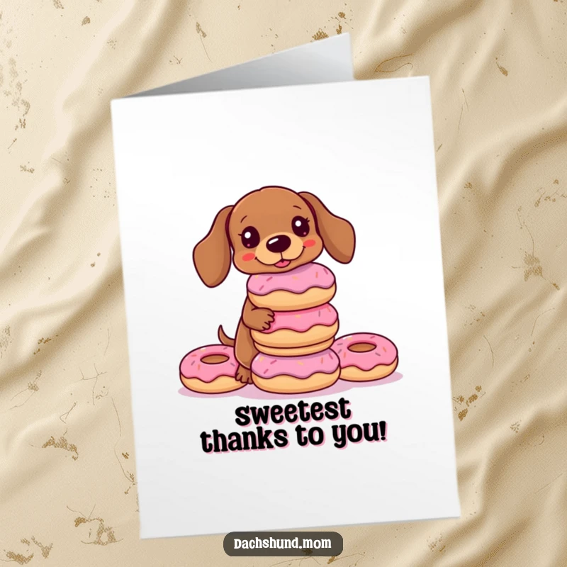 Funny Free Printable Thank You Card: A kawaii dachshund hilariously trying to balance a stack of donuts, perfect for a DIY gift.