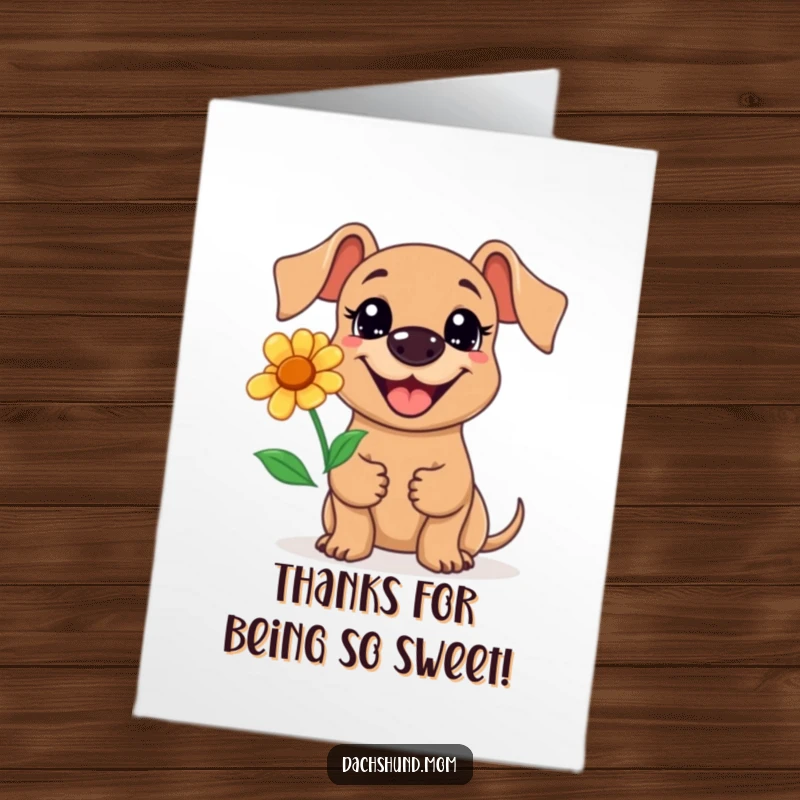 Funny Free Printable Thank You Card: Kawaii Dachshund with a Big Grin Holding a Flower