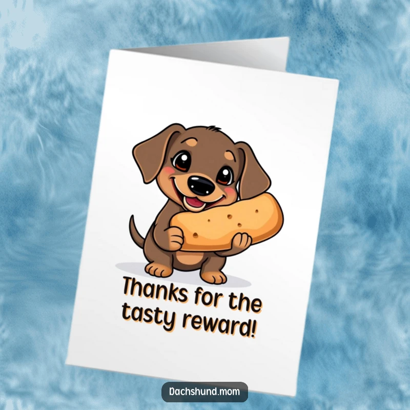Funny Free Printable Thank You Card: Kawaii Dachshund beams with a goofy grin while holding a ridiculously large treat.