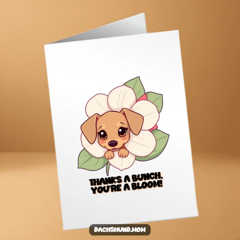 Funny Free Printable Thank You Card featuring a curious Kawaii dachshund peeking out from behind a vibrant flower, perfect for a heartfelt thank you.