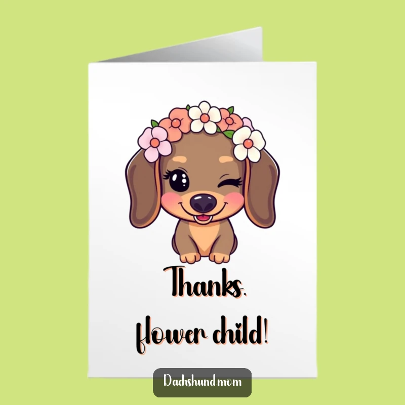 Free Printable Kawaii Dachshund Thank You Card: Flower Crown Wink Funny Downloadable Gift