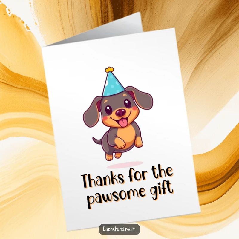 Funny Free Printable Thank You Card: Cute Kawaii dachshund in a party hat, joyfully leaping to say thanks.
