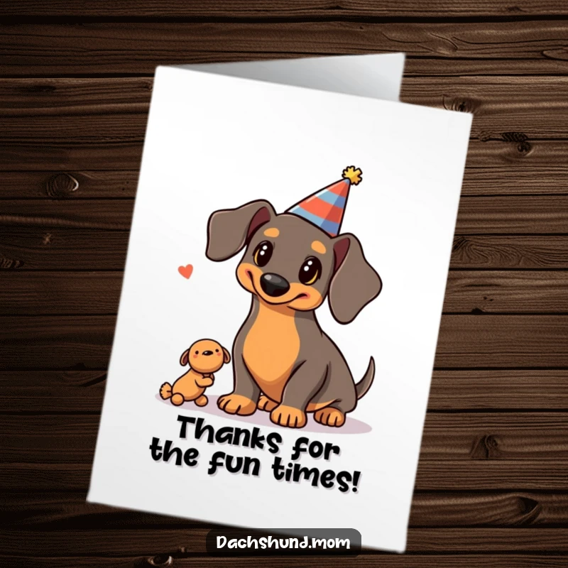 Funny Free Printable Thank You Card: Kawaii Dachshund wearing a party hat, juggling three squeaky toys with a happy expression.