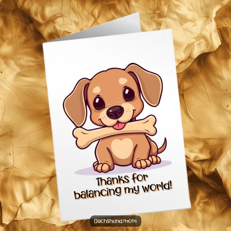 Funny Free Printable Thank You Card: Kawaii dachshund balancing a bone on its nose, cute humorous gratitude.