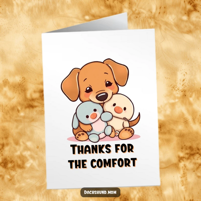 Funny Free Printable Thank You Card: A kawaii dachshund finds comfort snuggling a small plush toy, perfectly expressing thanks.