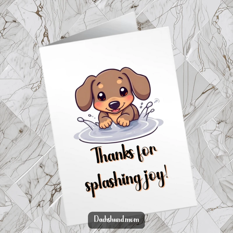 Funny Free Printable Thank You Card depicting a kawaii dachshund playfully splashing in a tiny puddle, an adorable print-at-home gesture of gratitude.