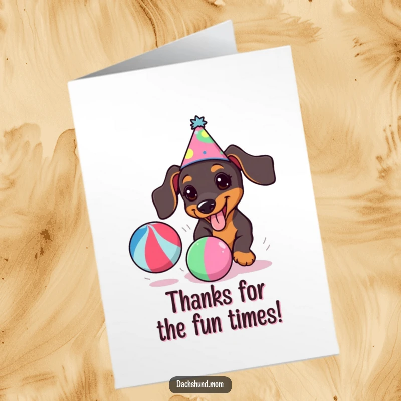 Funny Free Printable Thank You Card: A kawaii dachshund in a party hat, ready to deliver thanks with a ball.