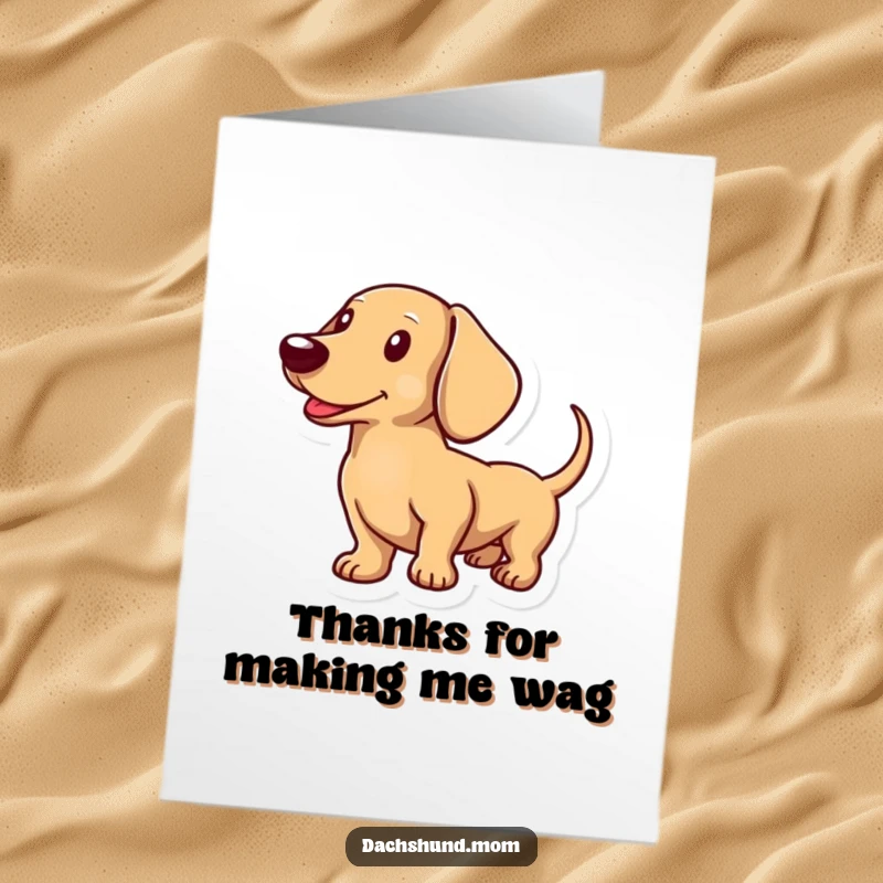 Funny free printable thank you card depicting a dachshund joyfully wagging its tail, expressing sincere appreciation.