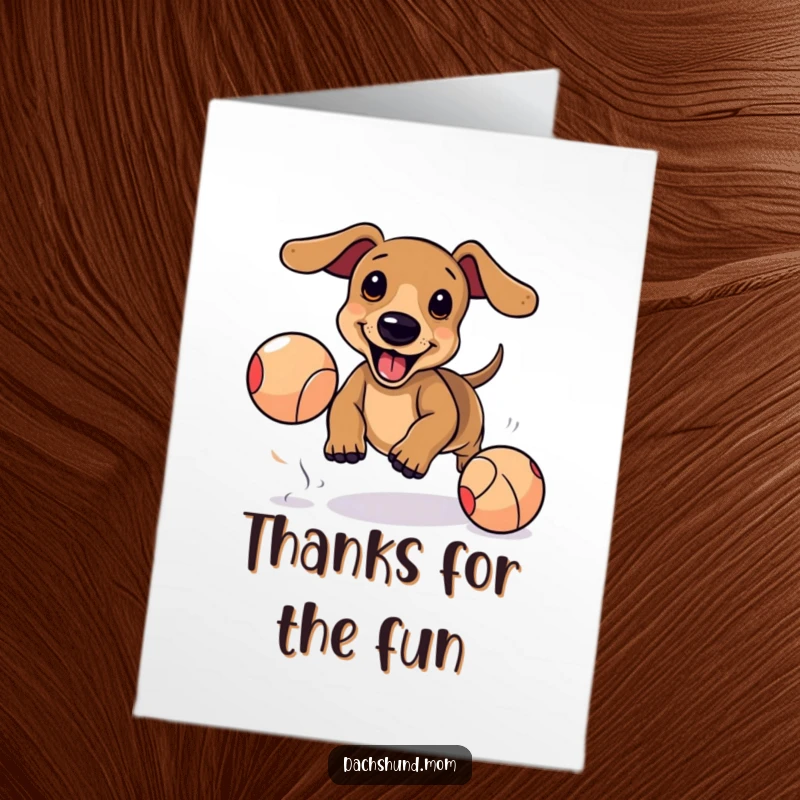 Funny Free Printable Thank You Card: Kawaii Dachshund Chases Ball, Playful Dog Art