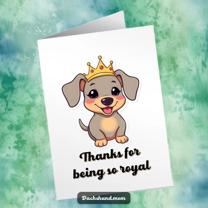 Funny Free Printable Thank You Card: Kawaii dachshund wearing a crown, wagging its tail to show thanks.