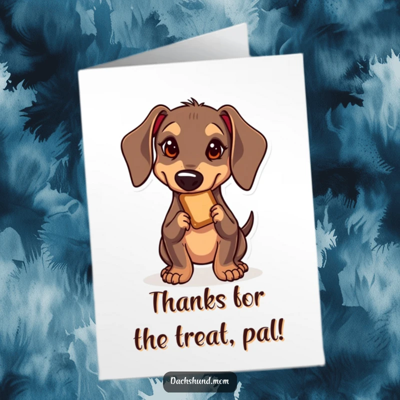 Funny Free Printable Thank You Card: Kawaii dachshund with a determined look, paw reaching for a delectable treat.