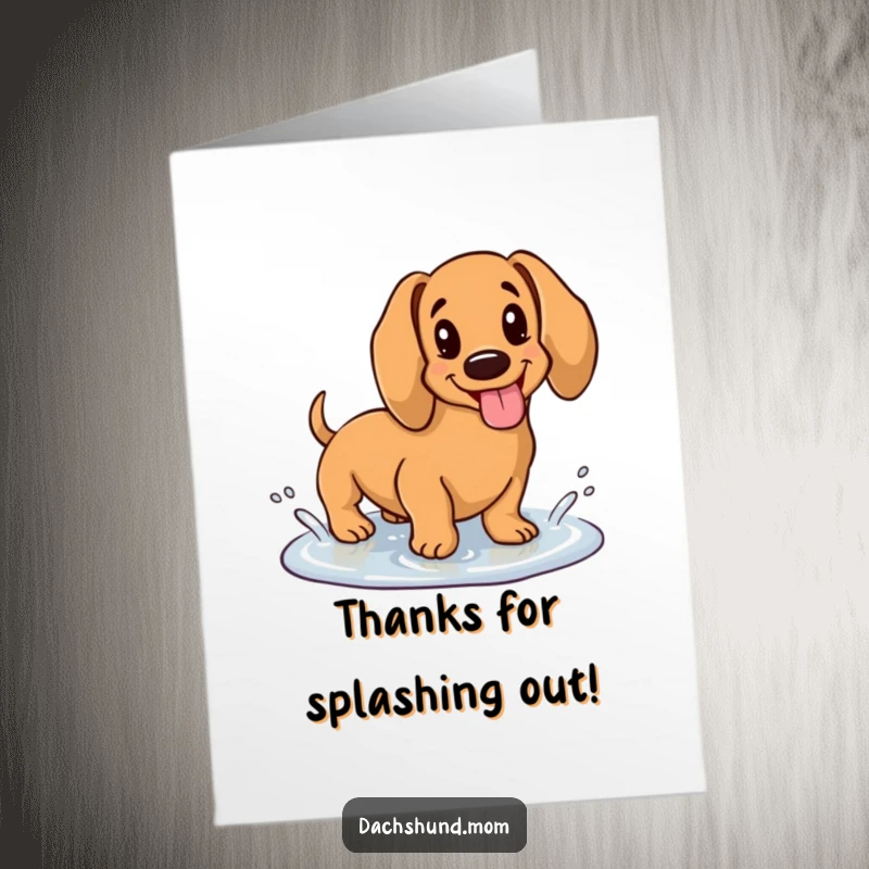 Funny Free Printable Thank You Card: A happy kawaii dachshund splashing in a puddle, tongue out, sending thanks.