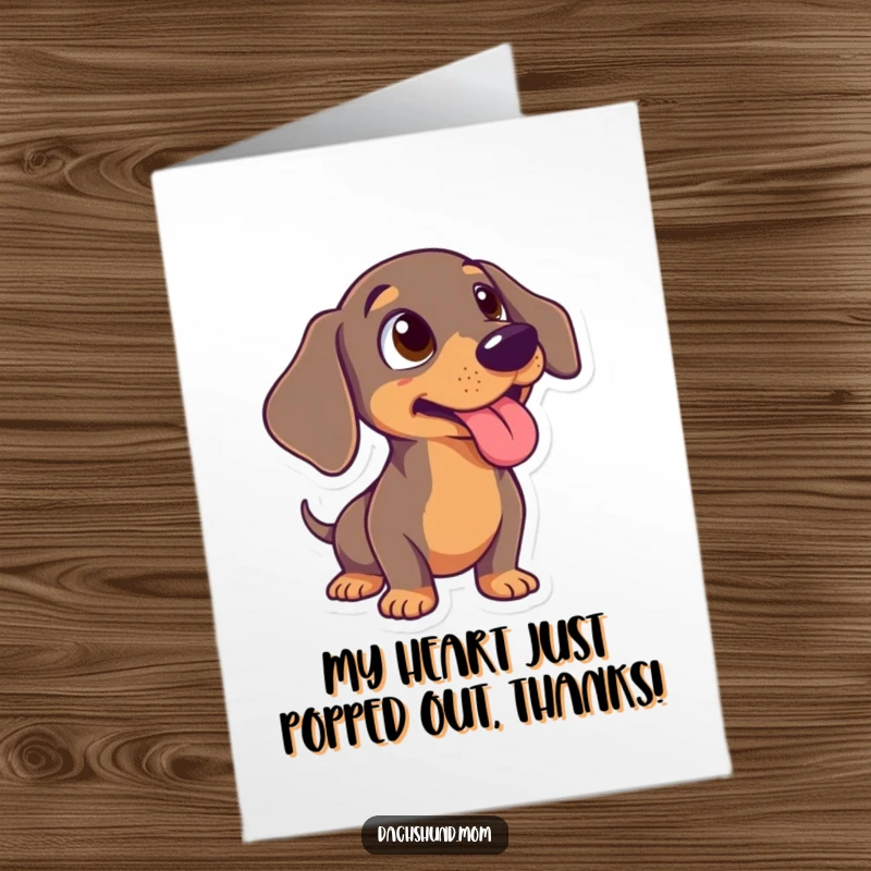 Funny free printable thank you card: a dachshund looking utterly surprised with its tongue out, receiving your thanks.