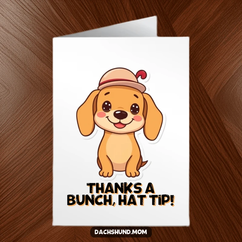 Funny Free Printable Thank You Card: Kawaii dachshund tipping its tiny hat with a pleasant, cheerful grin.
