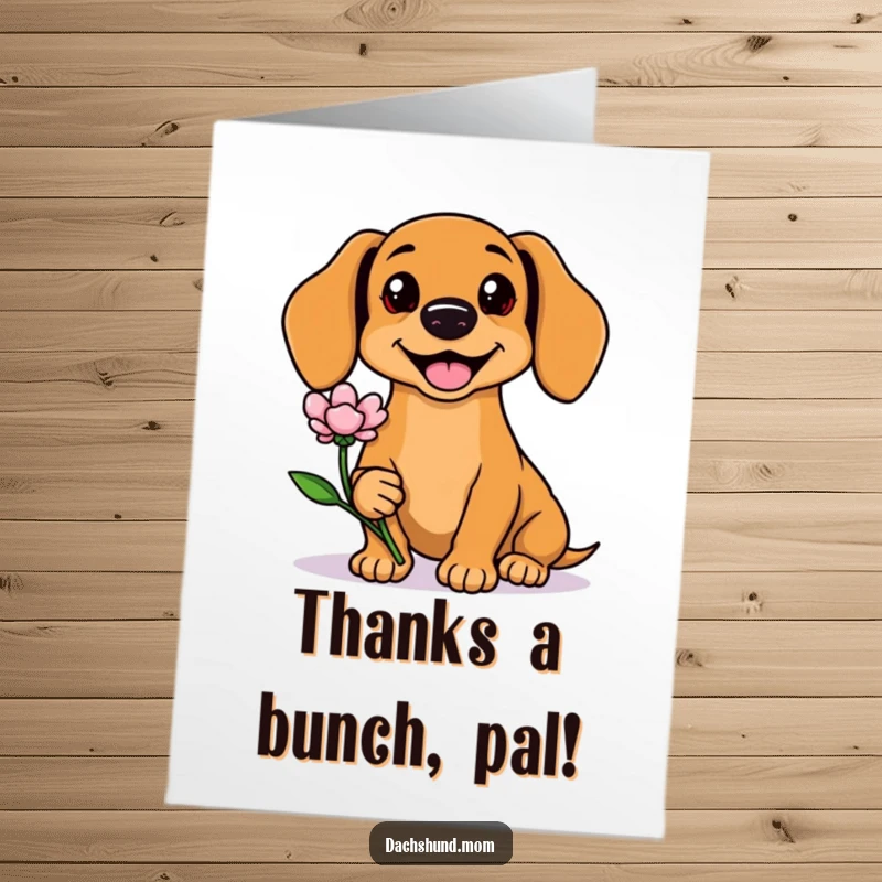 Funny Free Printable Kawaii Dachshund Thank You Card, a cute dog with a flower, showing sincere appreciation with a smile.