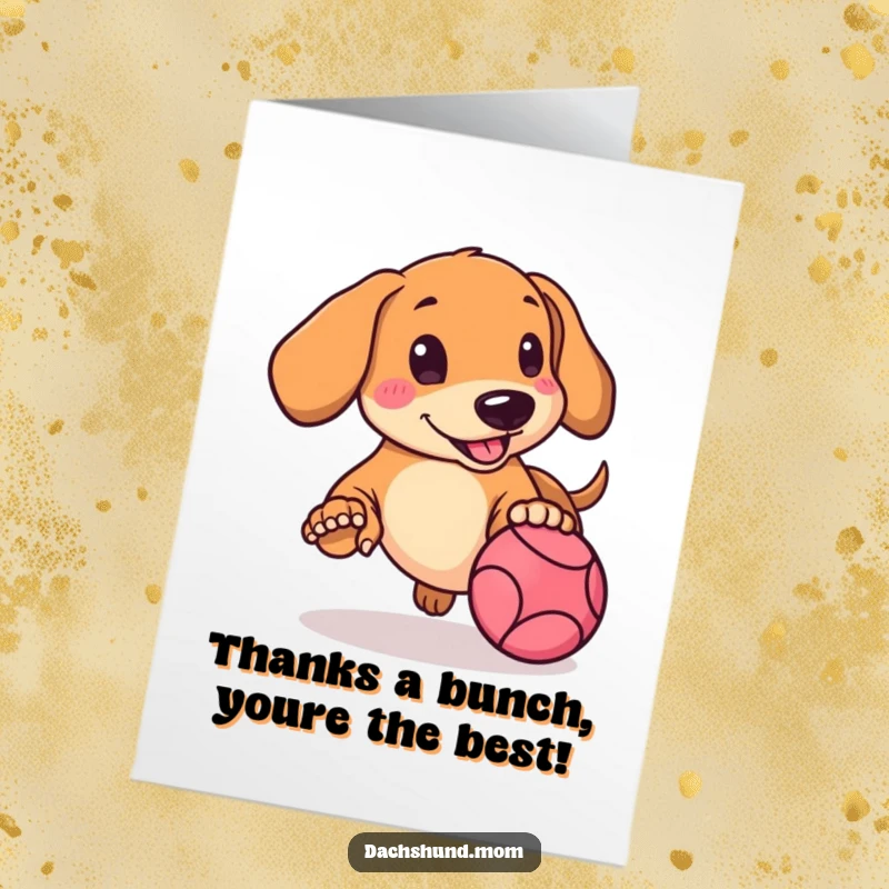Funny Free Printable Thank You Card: A kawaii dachshund with rosy cheeks enthusiastically chases a ball.