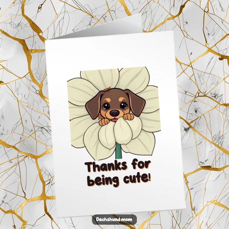 Free Printable Thank You Card: Kawaii dachshund peeking from behind a giant flower, cute gratitude, DIY gift.