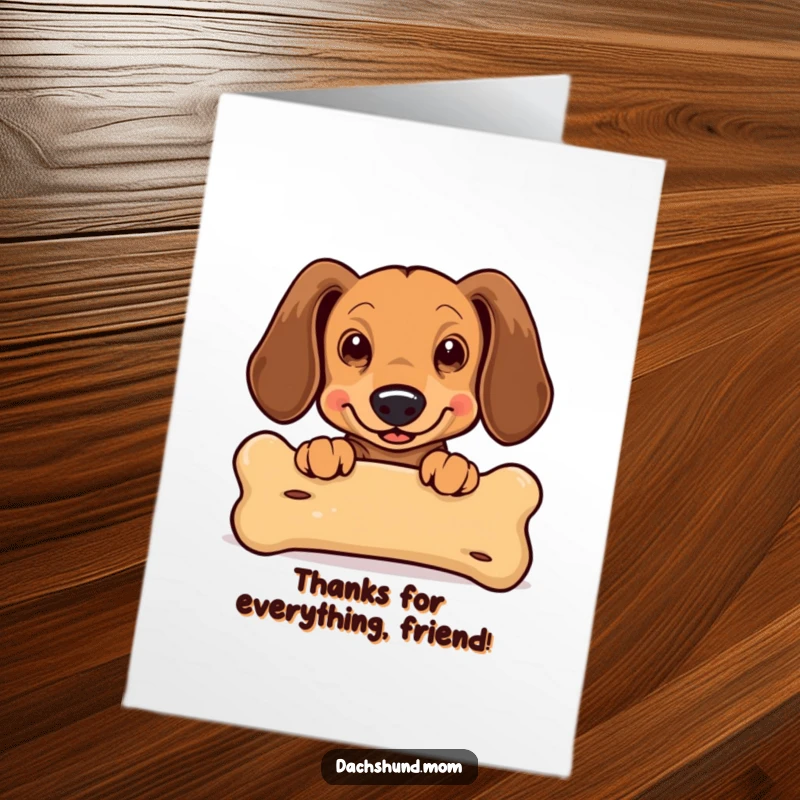 Funny Free Printable Thank You Card of a Kawaii Dachshund peeking over a large bone, ears flapping with pure excitement.