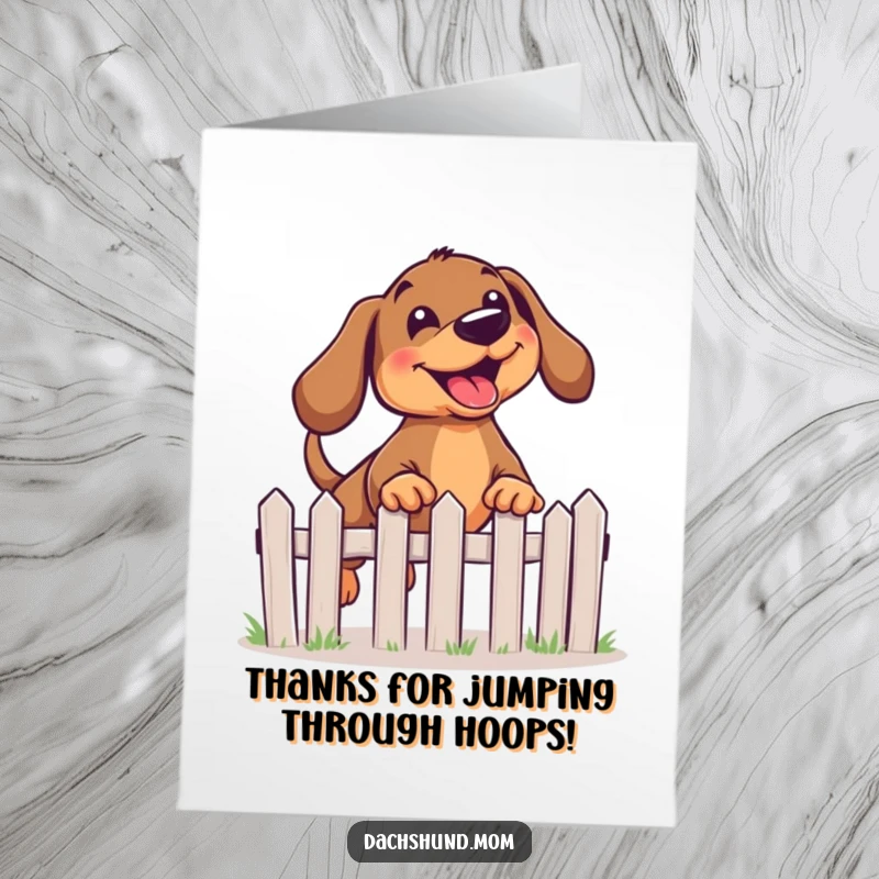 Funny Free Printable Thank You Card: A kawaii dachshund with a radiant, joyful expression leaps gracefully over a tiny fence.