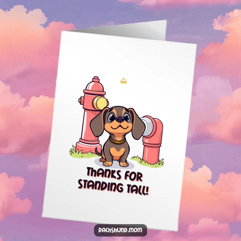 Funny Free Printable Thank You Card: Bewildered kawaii dachshund looking up at a giant fire hydrant, cute humorous gratitude.