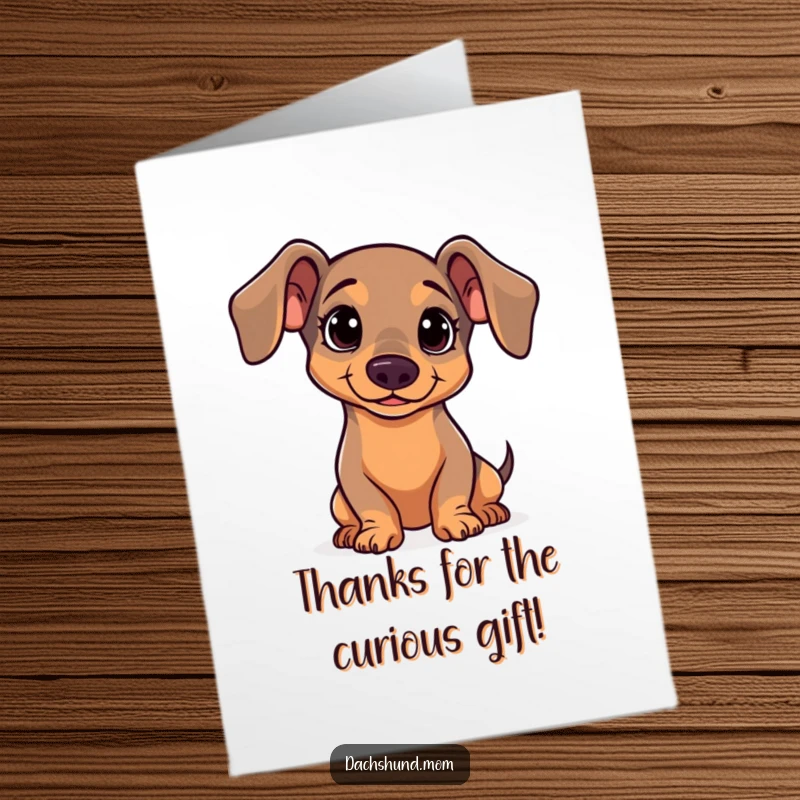 Funny Free Printable Thank You Card: Kawaii dachshund tilting its head with a curious, sweet expression, asking for nothing but thanks.