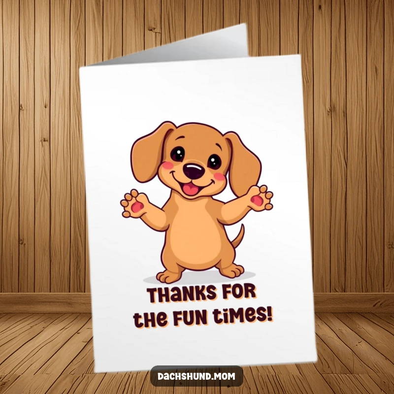 Funny Free Printable Thank You Card: Kawaii dachshund dancing with enthusiasm, front paws in the air.